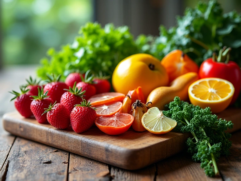 A variety of colorful fresh fruits and vegetables on a wooden cutting board, representing healthy nutrition.