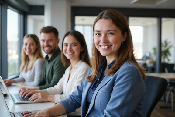A team of customer support representatives smiling and ready to assist clients, in a modern office environment.