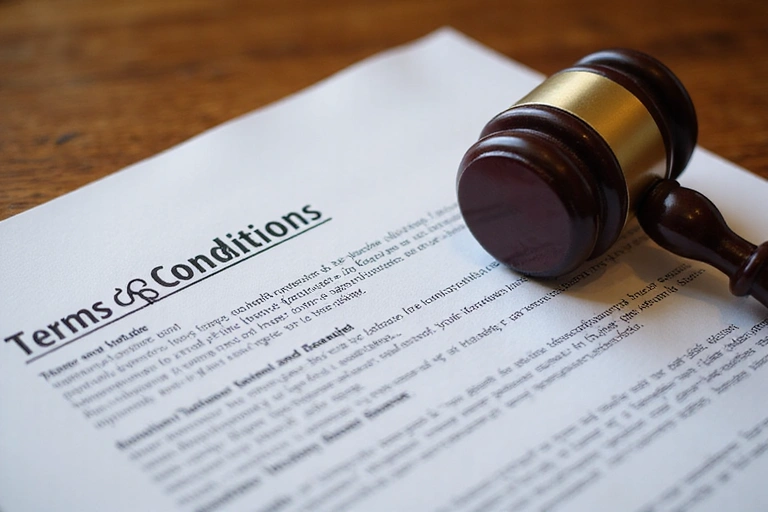 Legal documents and a gavel, symbolizing terms and conditions and legal agreements.